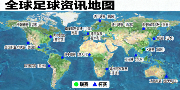 一站式足球资讯覆盖全球主流联赛与杯赛的世界地图信息图